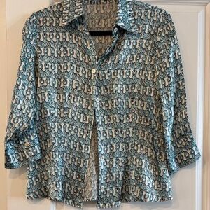 Elegant Teal Patterned Women's Button Down Shirt